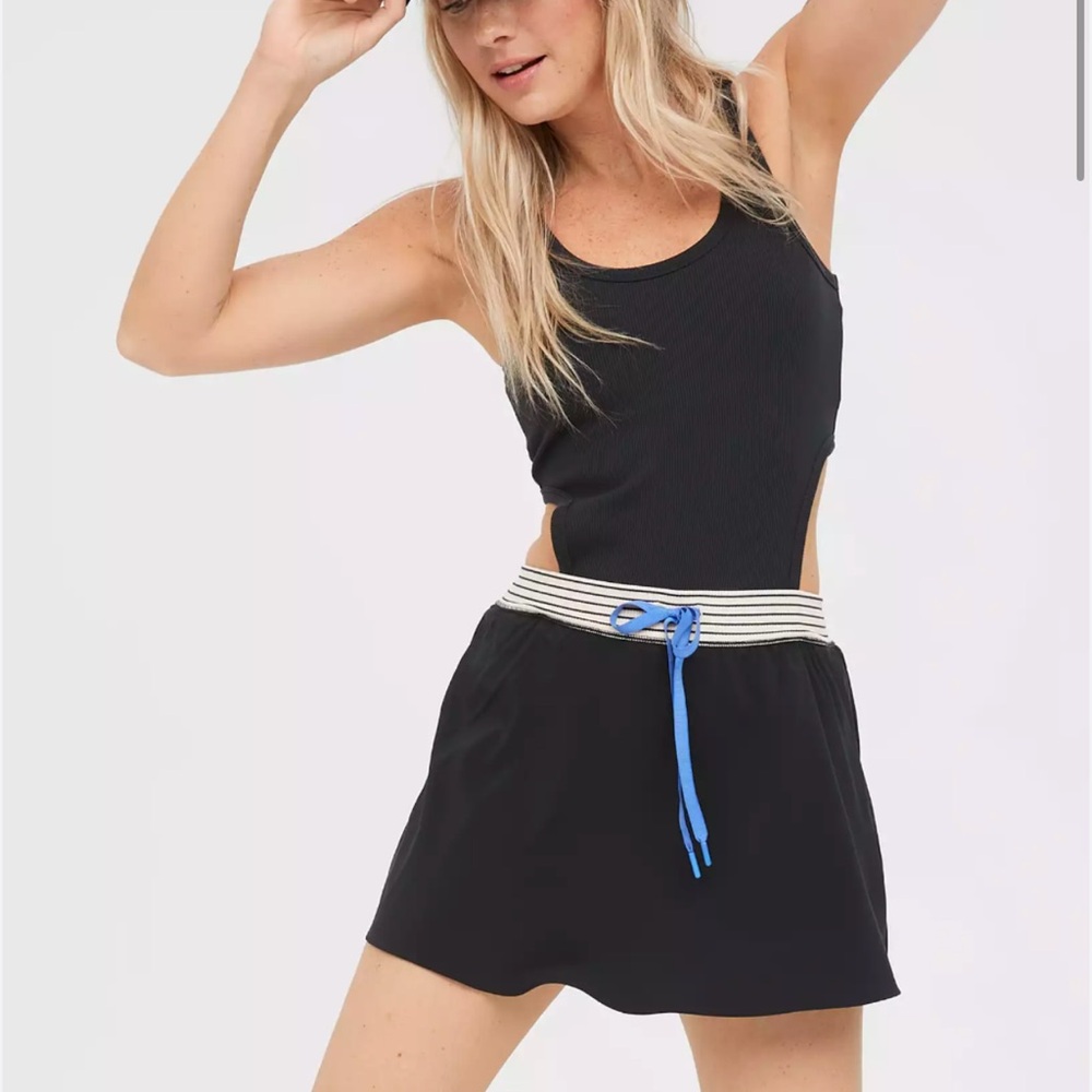 Aerie Offline Ribbed Cutout Black Romper Dress